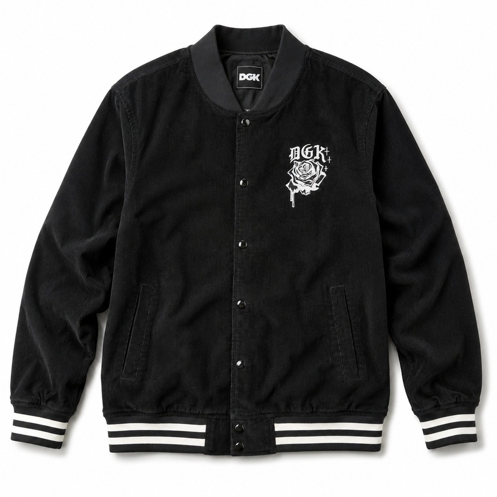 DGK Mens Large Corduroy Varsity Jacket Black Snap Front Graphic Skate Streetwear